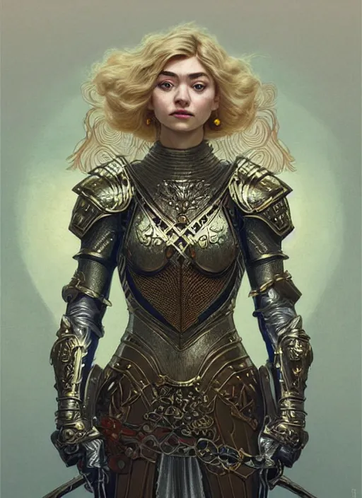 Image similar to centered portrait, Imogen Poots as a D&D paladin, blonde hair, intricate metal armour, Art Nouveau, beautiful retro Fantasy heroine 1985, intricate, elegant, highly detailed, centered, digital painting, trending on artstation, concept art, smooth, sharp focus, illustration, art by raphael lacoste, eddie mendoza, Mucha, alex ross, WLOP