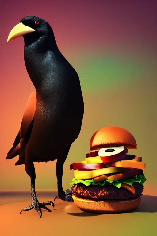 Image similar to a crow holding a cheeseburger, 3D render by beeple , octance render