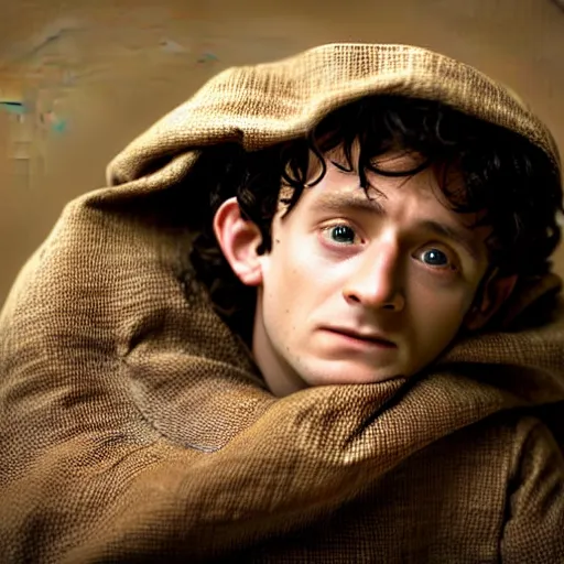 Prompt: frodo from lord of the rings in a burlap sack overflowing with potatoes, the sack has many potatoes in it, photography, realistic, mid shot, in his hobbit home, cinematic lighting