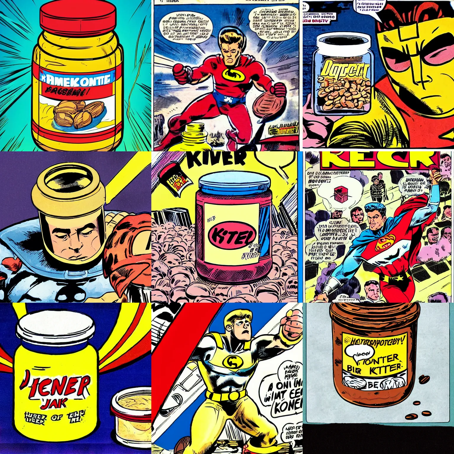 Prompt: jar of peanut butter as the hero on the front page of a comic book dc realistic jack kirby