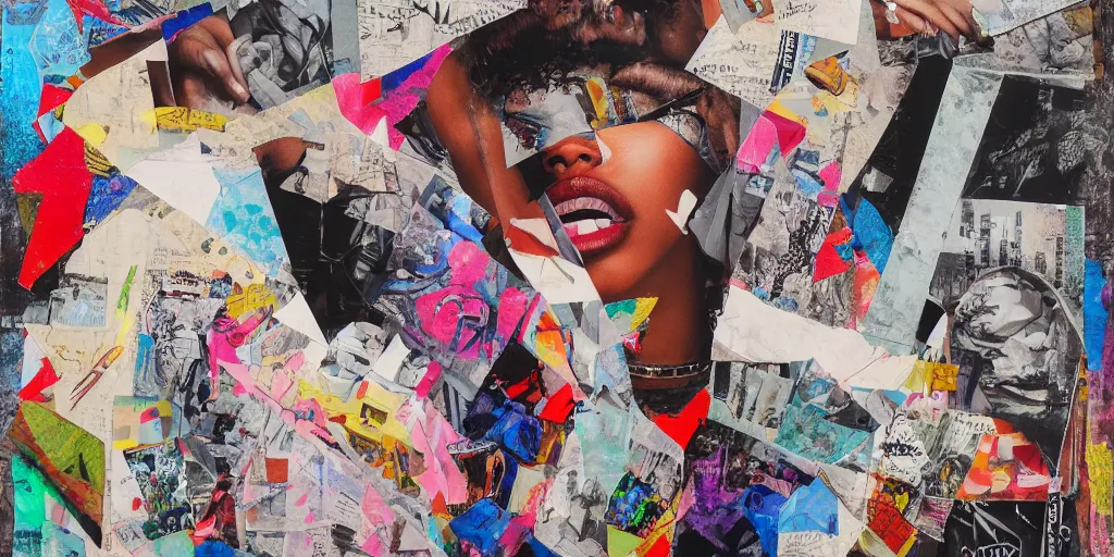 Image similar to 9 0 s hip - hop fashion, collage paper and tape, acrylic on canvas and hyperrealism mixed with collage, high resolution, cinematic, unreal 6, breathtaking detailed, by peter bankov