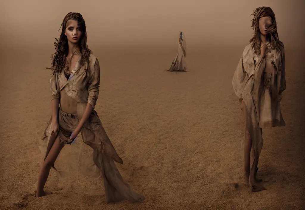 Image similar to fashion editorial in sand storm. wide angle shot. highly detailed.