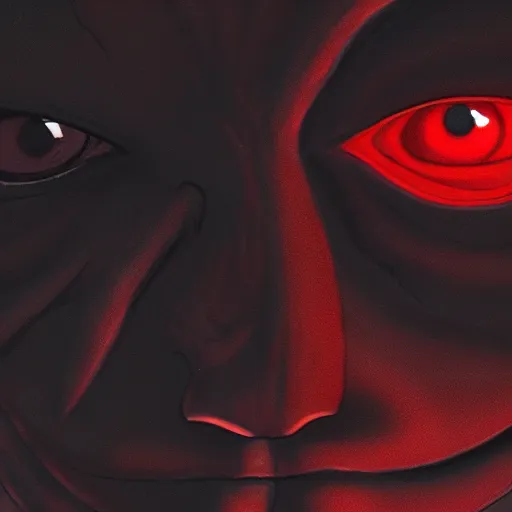 Image similar to a mythology of black demon, living in a shadow!! red eyes!! unseen body!! only showing itself in painting!! octane render!! unreal engine 5!! junji ito!! highly rendered!!