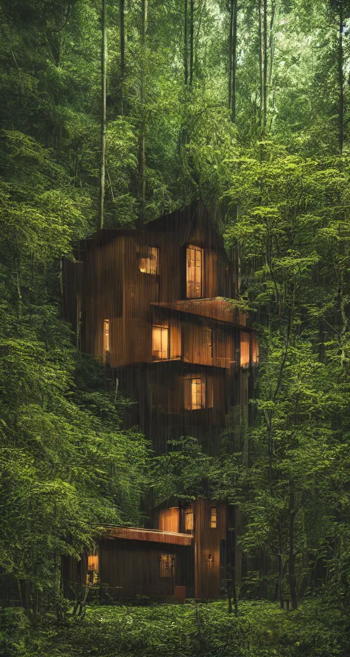 Image similar to an exquisitely designed wooden house in a lush forest, architectural photography, dark and dim lighting, beautiful, tranquil, moody, cinematic, fantasy, 3 5 mm lens, volumetric lighting, first person view, photographic render, hyper realistic