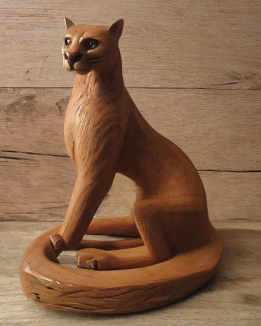 Image similar to wooden carving statue of a cougar, product picture, ebay listing thumbnail