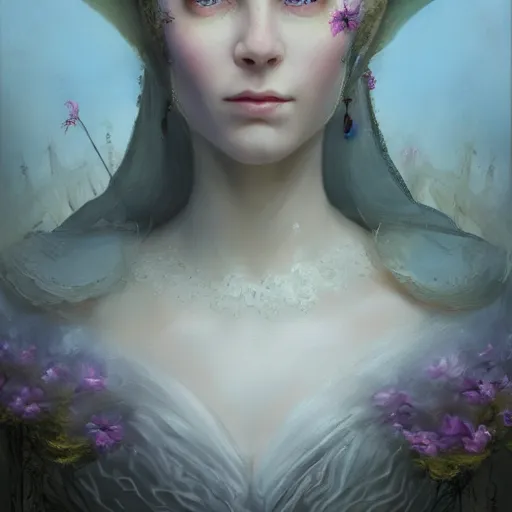 Prompt: A beautiful matte painting of a portrait of a priestress of springtime, inspired by d&d, slender symmetrical face and body, fantasy, octane render, 16k, 8k, high res, well rendered, art by Bastien Lecouffe Deharme and John Howe and Keith Parkinson and Larry Elmore, trending on artstation, featured on behance, uniform background