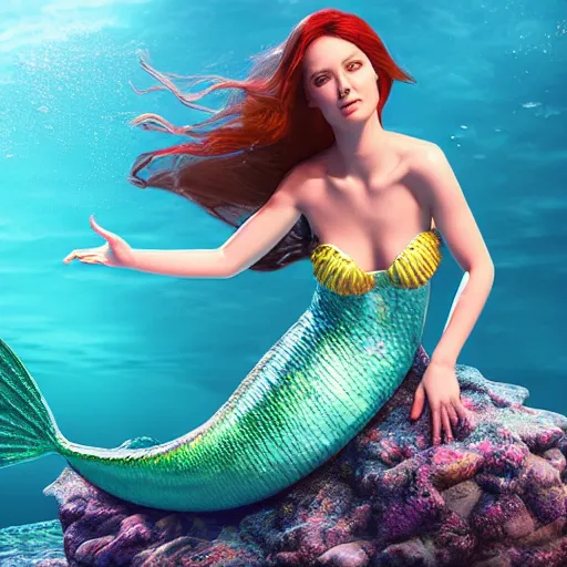 Image similar to mermaid on an island, highly detailed, photorealistic portrait, bright studio setting, studio lighting, crisp quality and light reflections, unreal engine 5 quality render