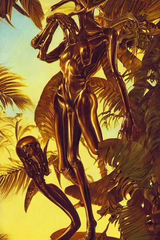 Image similar to Alien, golden hour, next to a tropical pool, artstation, by J. C. Leyendecker and Peter Paul Rubens, - 12p