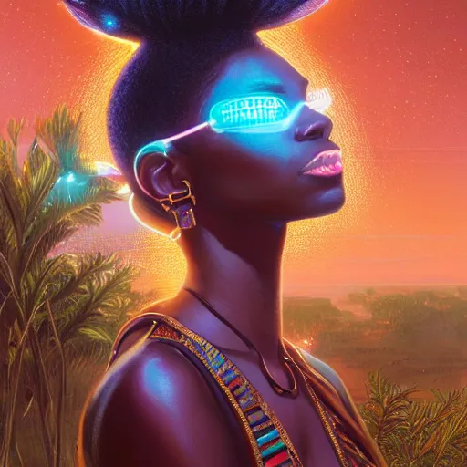 Image similar to highly detailed portrait of an african neon egyptian goddess, intricate alien technology, stephen bliss, unreal engine, fantasy art by greg rutkowski, loish, rhads, ferdinand knab, makoto shinkai and lois van baarle, ilya kuvshinov, rossdraws, tom bagshaw, global illumination, radiant light, detailed and intricate environment