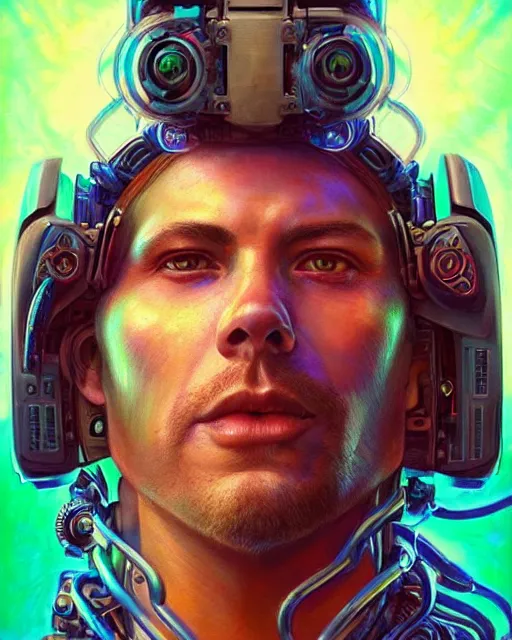 Image similar to a futuristic male hippie wearing tie - dye and cybernetic - implants | cyberpunk art | highly detailed | very intricate | symmetrical | cinematic lighting | award - winning | closeup portrait | painted by donato giancola and mandy jurgens and rossdraws and rhads | featured on artstation