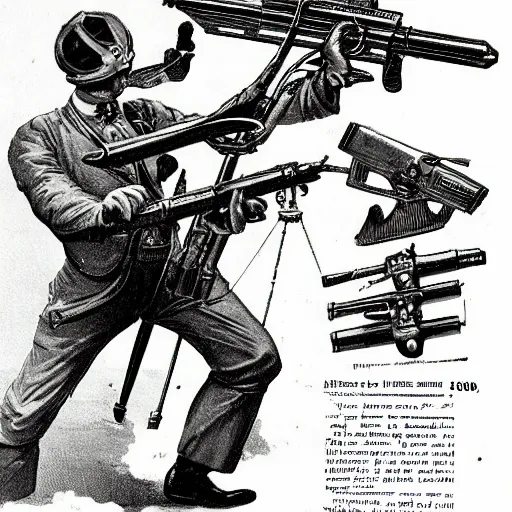 Prompt: 1900s catalogue of futuristic weaponry, vintage,