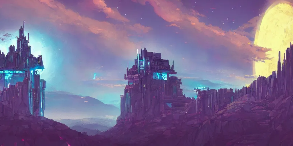 Image similar to stone castle in the style of cyberpunk and a glow ontop of a mountain, space sky, anime illustration,