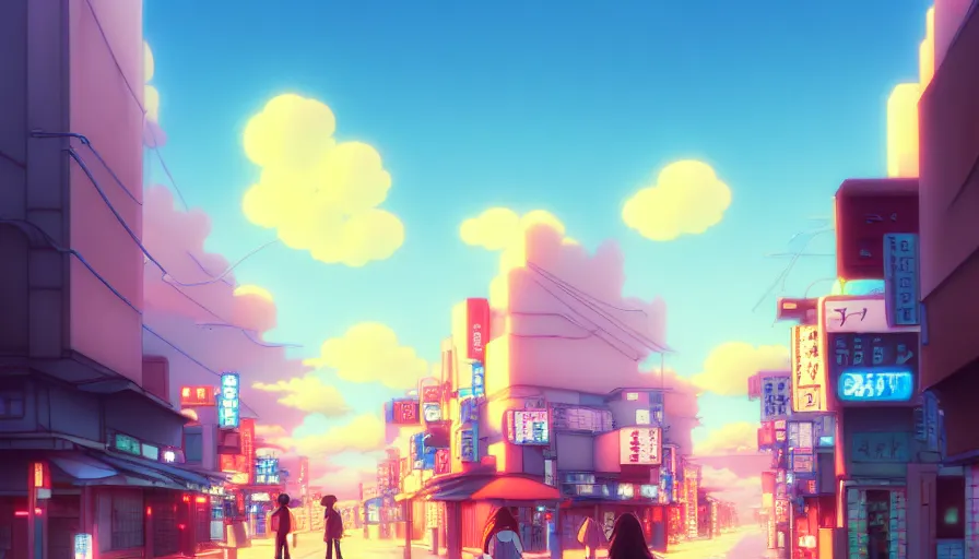 Prompt: A highly detailed digital art painting of Tokyo street, shimmering cloudy sky by Studio Ghibli, Makoto Shinkai, (((Makoto Shinkai))) by Artgerm, by beeple, volumetric lighting, octane render, 4K resolution, trending on artstation, masterpiece, vivid colours