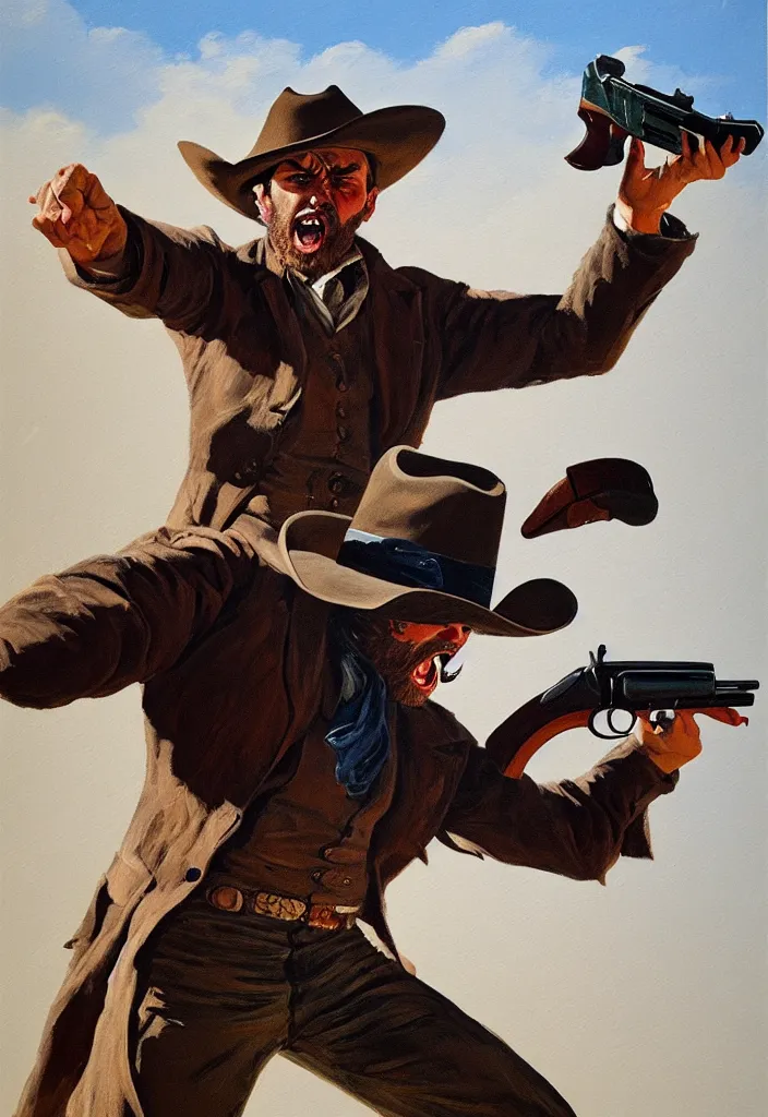 Image similar to acrylic on paper painting of an epic portrait of a cowboy firing his revolver while yelling, full body with dynamic pose and correct anatomy, during archetypical Old West period, 19th century, male, detailed face, cinematic lighting, by concept art trending on ArtStation, masterpiece, fantastic, octane render, 8K HD Resolution, High quality image