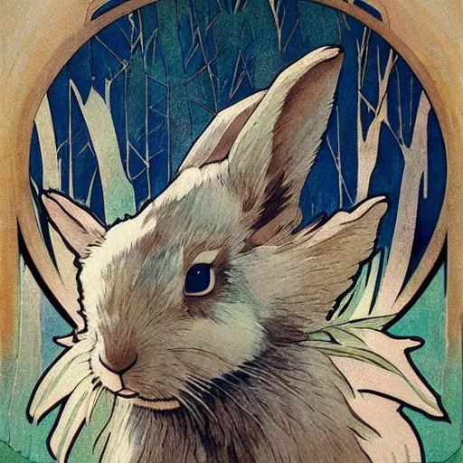 Image similar to a rabbit wolf poster, mucha