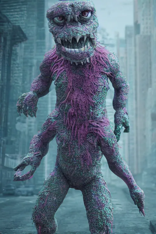 Prompt: a scene with a monster wearing a super detailed muted color diy! suit with fluo details, vivienne westwood!, detailed photoreal render octane render, pointillism, full body