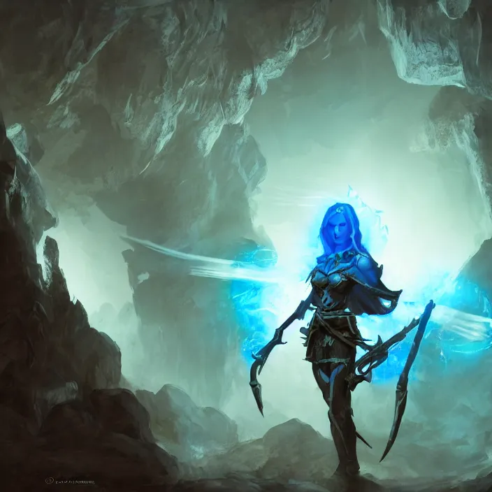 Image similar to an elf ranger in silhouette in a cave with weapons drawn facing a glowing blue orb, fantasy concept art, trending on artstation, video game concept art, highly detailed, cinematic lighting, digital art, dark fantasy, rendered in unreal