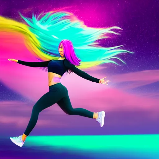 Image similar to a award winning full body shot of a beautiful woman in a croptop and leggings with a ombre purple pink teal hairstyle with head in motion and hair flying, outrun, vaporware, vivid colors, highly detailed, fine detail, intricate