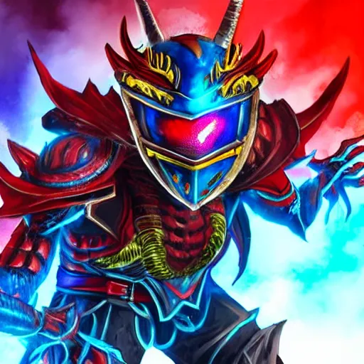 Image similar to High Fantasy Dragon Kamen Rider, blue armor with red secondary color, 4k, glowing eyes in helmet, daytime, chainmail, rubber suit,