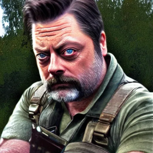 Prompt: “Nick Offerman (with accurate face) as soldier in the DOOM game, photorealistic 8k, original doom cover style”