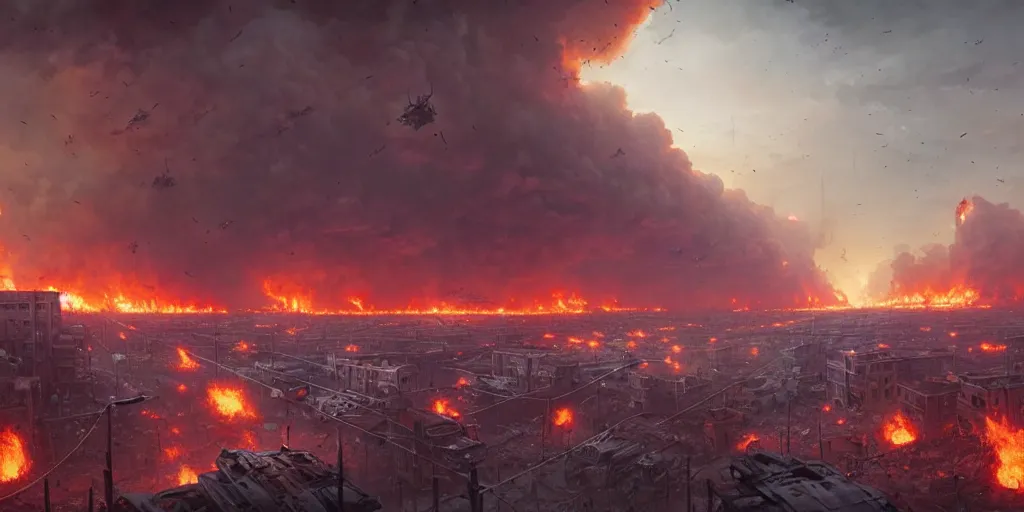 Image similar to a wide view of a post-apocalyptic city, fires everywhere, being attacked by mutants. fear, desolation, destruction, stylish, detailed digital matte painting by Greg Rutkowski and Simon Stalenhag