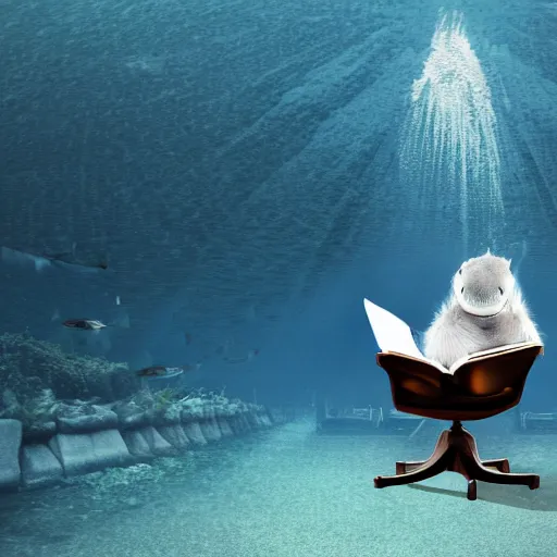 Image similar to a shark sitting in a chair reading a book underwater realistic hdr 8 k 3 5 mm