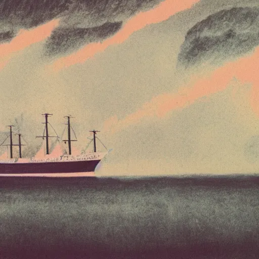 Image similar to a risograph of a ship during huge storm