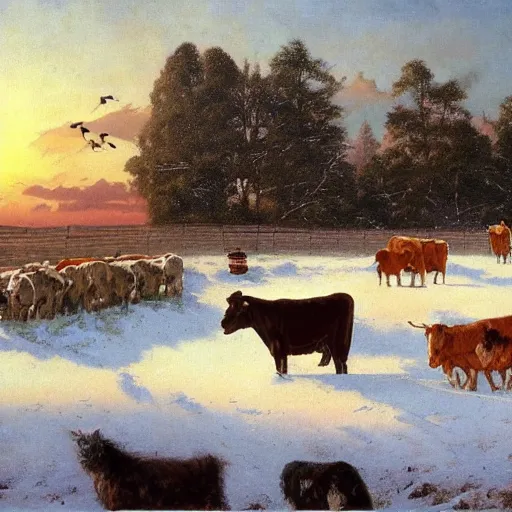 Prompt: an extremely detailed matte painting of a rancher feeding the animals at sunrise, tall rancher wearing a cowboy hat, dogs, cows, sheep, chickens, ducks, 4 k, ranch the morning after a light snowfall, by bob ross and norman rockwell