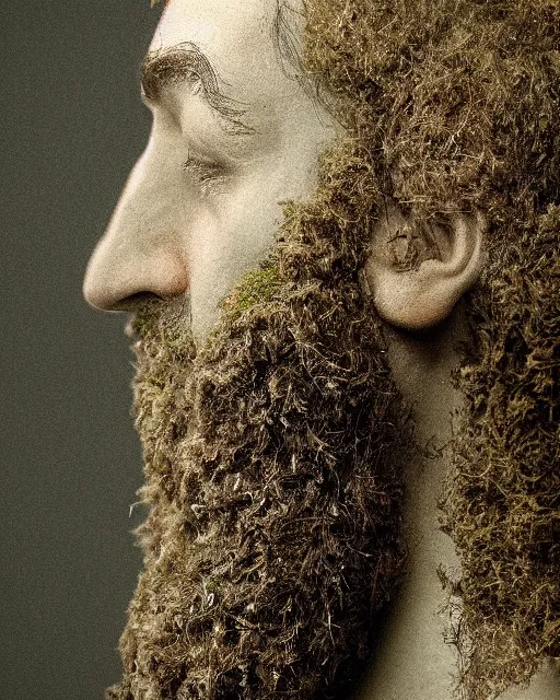 Image similar to a man's face in profile, long beard made of moss, in the style of the dutch masters and gregory crewdson, dark and moody