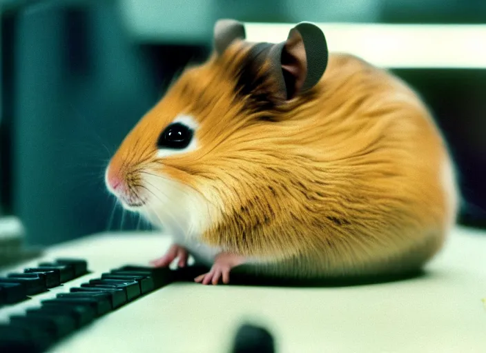 Image similar to film still of a hamster working for mission control at nasa, 8 k