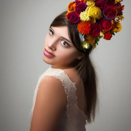 Image similar to portrait of a female with flower headpiece for photoshoot, photography