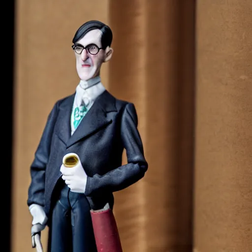 Image similar to detailed jacob rees - mogg action figure, holding wine bottle, smoking a cigar, 5 0 mm photograph