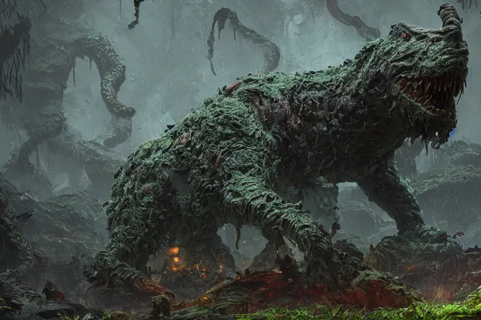Image similar to huge jungle slime monster, apocalyptic goo creature, character art by Greg Rutkowski, 4k digital render