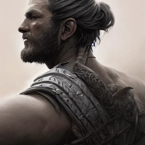 Prompt: back portrait of a rugged ranger, upper body, muscular, hairy, D&D, fantasy, intricate, elegant, highly detailed, digital painting, artstation, concept art, matte, sharp focus, illustration, art by Artgerm and Greg Rutkowski and Alphonse Mucha