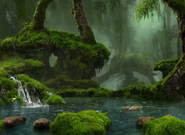 Prompt: Ancient natural pool overgrown with moss, surrounded by lush plants, vines hanging from the tall trees, pine trees, detailed, digital art, trending on Artstation, atmospheric, volumetric lighting, hyper-realistic, Unreal Engine, sharp