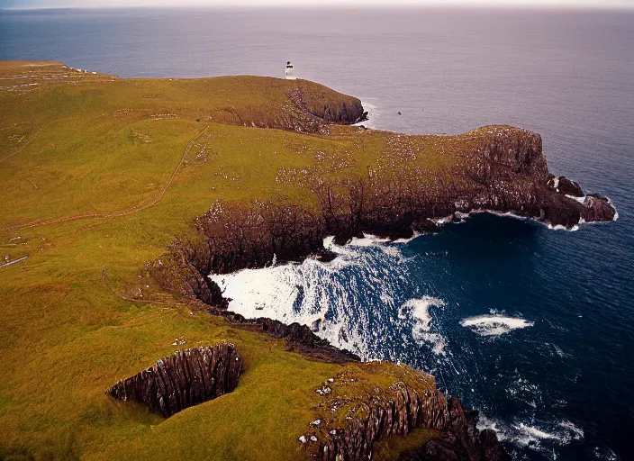 Image similar to a landscape photo of neist point lighthouse isle of skye, aerial far wide shot with 4 0 0 m lens, strong kodak portra film look