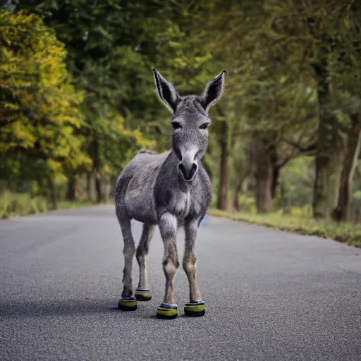 Prompt: portrait of a donkey on rollerskates, canon eos r 3, f / 1. 4, iso 2 0 0, 1 / 1 6 0 s, 8 k, raw, unedited, symmetrical balance, wide angle