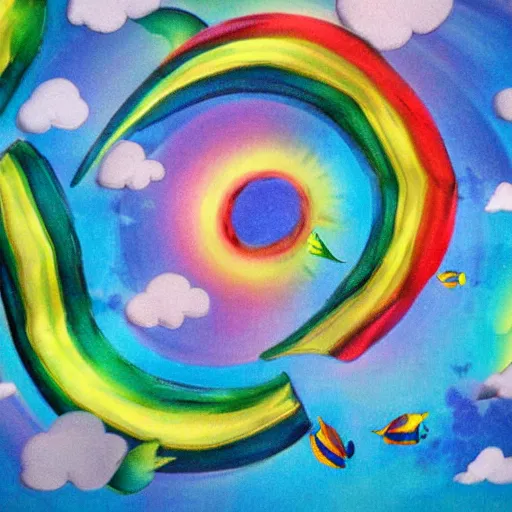 Image similar to sky with rainbow fishes, fantasy, hyperrealistic