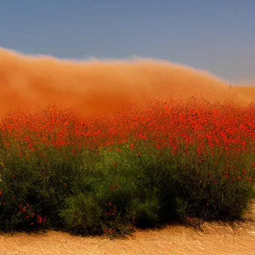 Prompt: an orange sandstorm cloud approaching red flowerfield in the desert