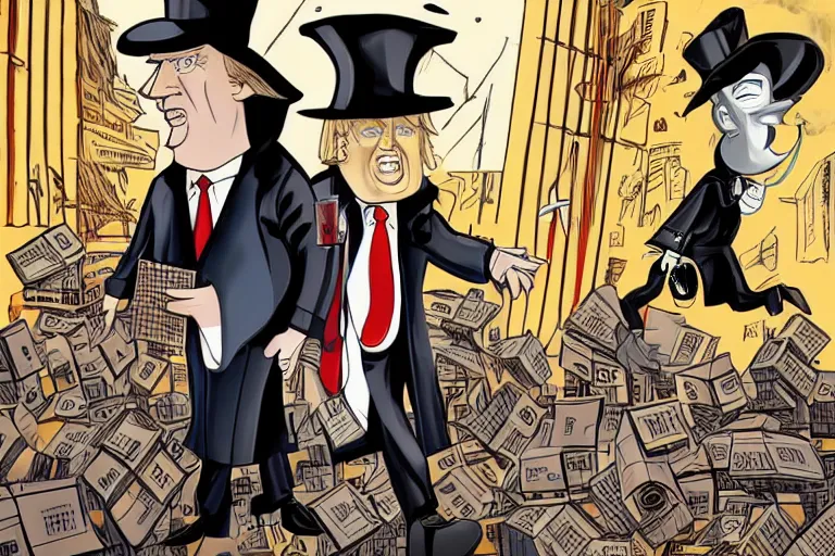 Prompt: 2 d poster illlustration donald trump and donald trump wearing trenchcoats and black spy hats, stacks of boxes everywhere and a safe broken open for the movie spy vs spy