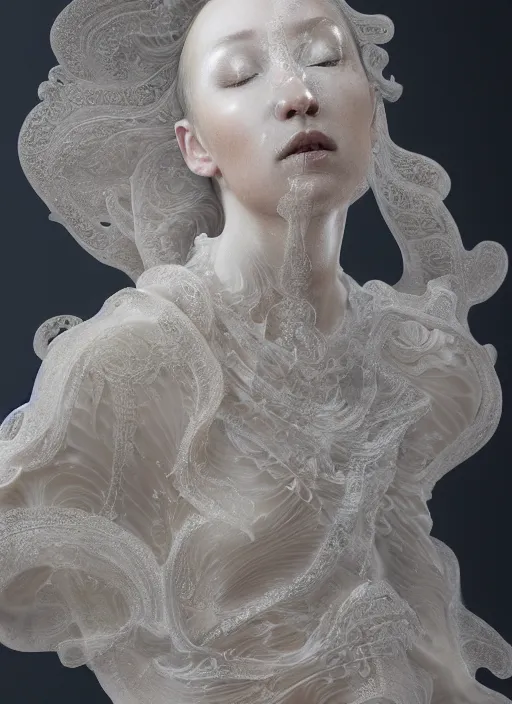 Image similar to opalescent marble sculpture of beautiful woman dissolving into shimmering dust, diaphanous, ivory carving, pearlescent, caustics, fractal paisley inlay, lace, intricate, elegant, highly detailed, digital photography, by ruan jia and greg rutkowski