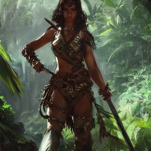 Image similar to a beautiful warrior woman with a legendary sword, detailed, jungle, by craig mullins _ w 7 0 0