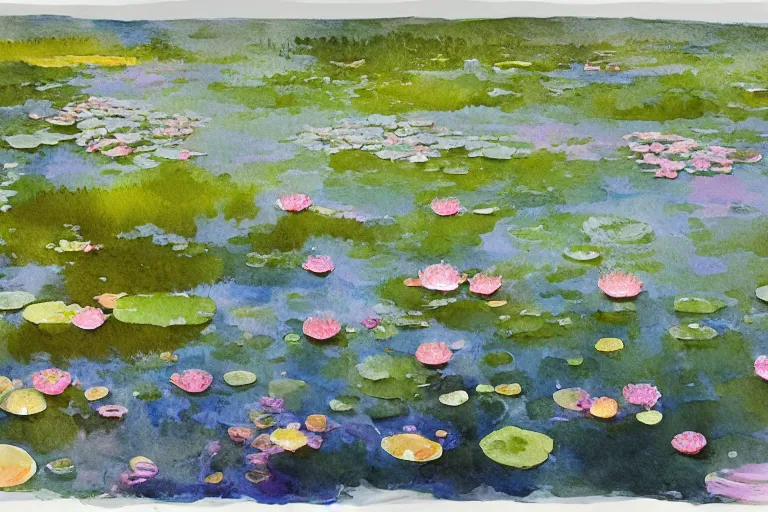 Prompt: small centered on watercolor paper, paint brush strokes, abstract watercolor painting of crystal dawn at swedish silver bog, waterlilies, sharp daylight, cinematic light, american romanticism by hans dahl, by jesper ejsing, by anders zorn, by greg rutkowski, by greg manchess, by tyler edlin