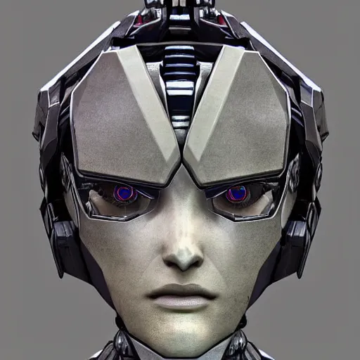 Image similar to a mecha version of a female bust, no irises, very symmetrical face, highly detailed, by vitaly bulgarov, by yoji shinkawa, by joss nizzi, by ben procter, by steve jung, widow maker, quintessa, metal gear solid, transformers cinematic universe, conceptartworld, pinterest, artstation, unreal engine