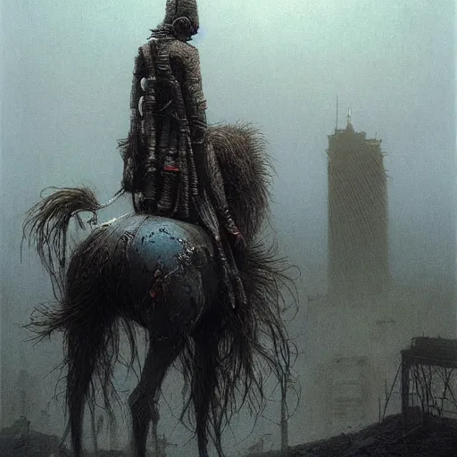 Image similar to cool apocalyptic traveler on a horse through a ruined new york city beksinski art style, highly detailed