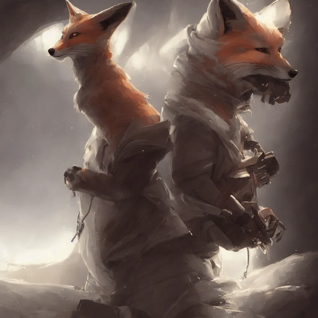 Image similar to an anthropomorphic fox in a hoodie sitting in front of a portable black computer, white background, concept art, digital painting, highly detailed, style of by Jordan Grimmer and greg rutkowski, illustration