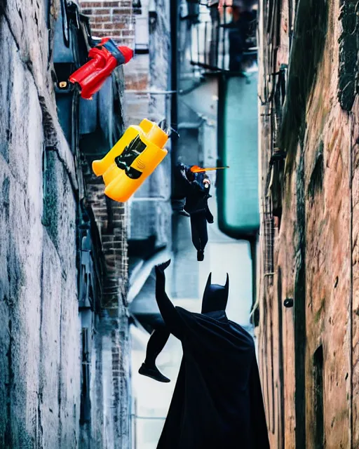 Image similar to happy batman firing super soaker water gun at playful criminals in an alleyway, everyone having fun, product advertisement, photogenic photograph