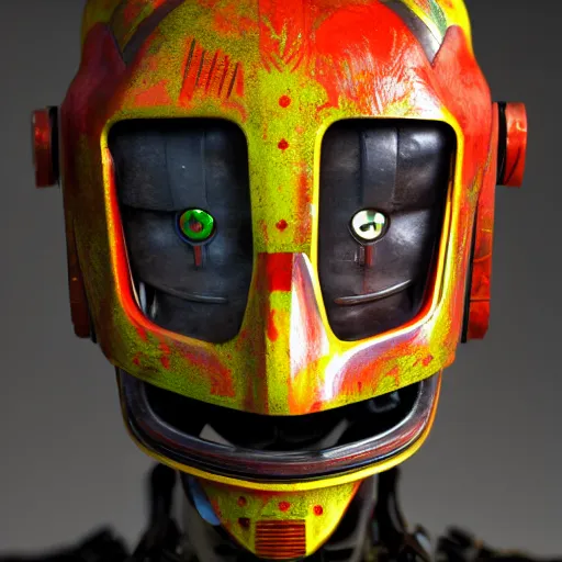 Image similar to atompunk tribal mask, robot, japanese pottery, vivid colors, wood, metal, intricate details, trending on cgsociety, concept art, glowing eyes, sharp focus, ultra realistic details, cinematic atmosphere, global illumination, shadows, octane render, 8 k