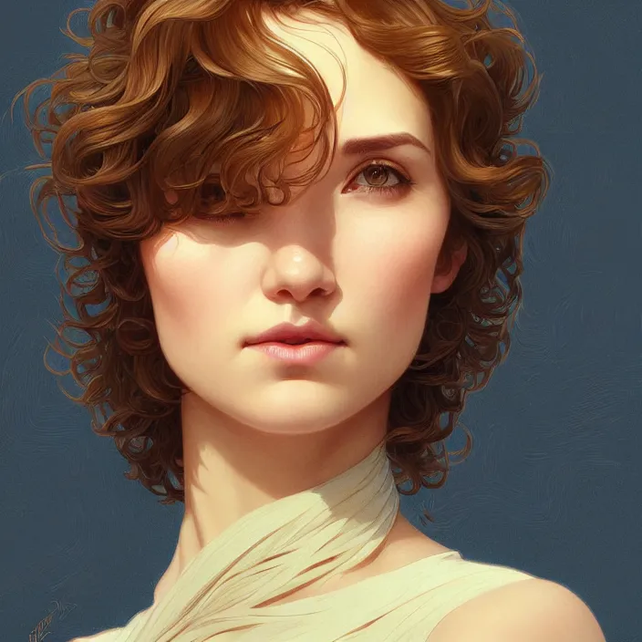 Image similar to a woman with short wavy hair, round face, cottagecore!!, river, trees, golden hour, intricate, elegant, highly detailed, digital painting, artstation, concept art, smooth, sharp focus, illustration, art by artgerm and greg rutkowski and alphonse mucha