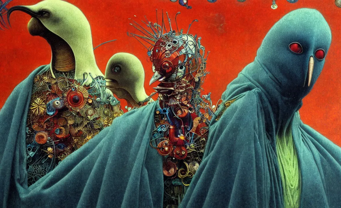 Image similar to realistic detailed portrait movie shot of a birdman wearing a dark robes, sci fi city landscape background by denis villeneuve, amano, yves tanguy, alphonse mucha, ernst haeckel, max ernst, roger dean, masterpiece, rich moody colours, dog teeth, blue eyes